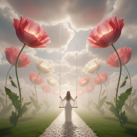 Woman with red tulips in the meadow. 3d renderingの素材