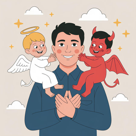 Happy father and son with angel and devil. Fatherhood concept. Vector illustration.の素材