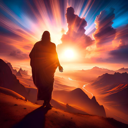 Silhouette of buddhist monk walking in the mountains at sunsetの素材