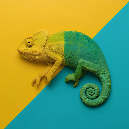 Chameleon on a yellow and blue background. Minimal concept.の素材