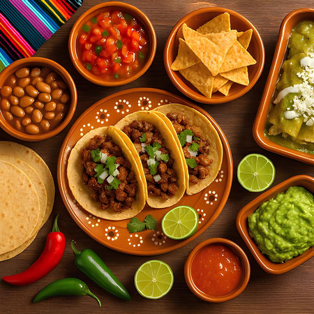 Mexican food: tacos, nachos, guacamole and salsaの素材