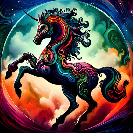 Unicorn in the starry sky. Fantasy vector illustration.の素材