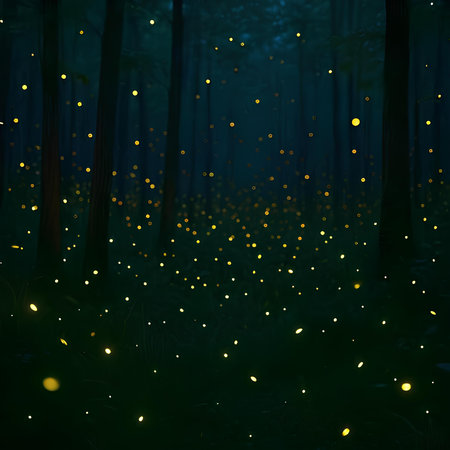 Night forest with yellow bokeh lights and stars in the nightの素材