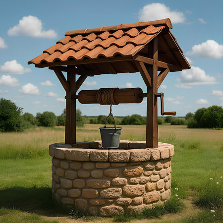 Old well with a bucket of water in the meadow. 3d renderの素材