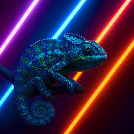 colorful chameleon on the background of neon lights. 3d illustrationの素材
