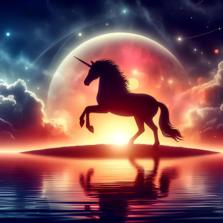 Unicorn on the background of the full moon. vector illustrationの素材