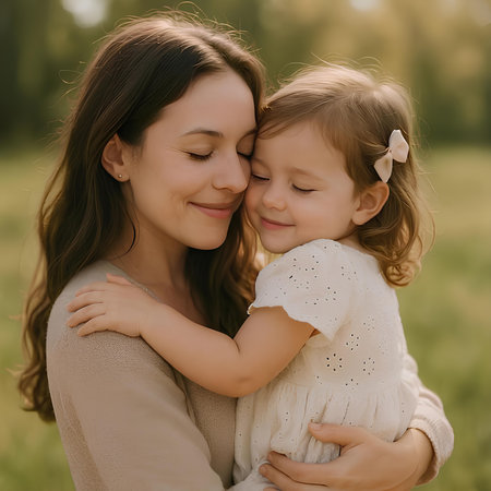Happy mother and her daughter hugging in the field. Happy family.の素材