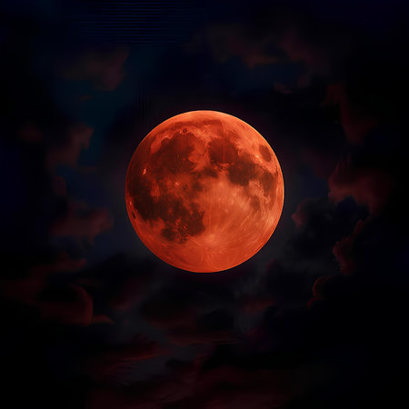 Red blood moon in the night sky with clouds. Vector illustration.の素材