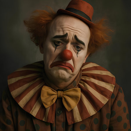 Funny clown with red hair. Portrait on dark background.の素材