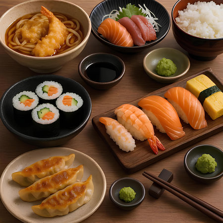 Japanese food set on wooden background. Sushi, nigiri, eel, shrimp, wasabi, ginger, soy sauceの素材