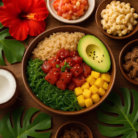 Hawaiian food in bowl on wooden background. Top view.の素材