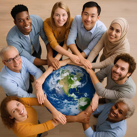 Group of Multiethnic People Holding Earth Globe Togetherness Community Conceptの素材