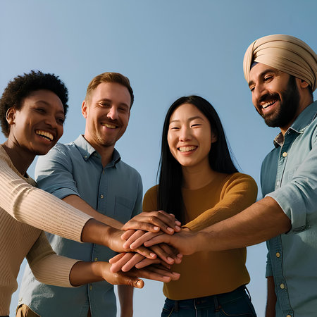 Group of multiethnic friends holding hands together and smiling at the cameraの素材