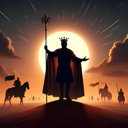 Medieval knight with sword and shield on the background of the rising sunの素材