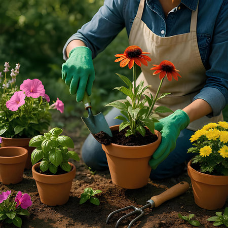 Gardener woman planting flowers in pots in garden. Gardening conceptの素材