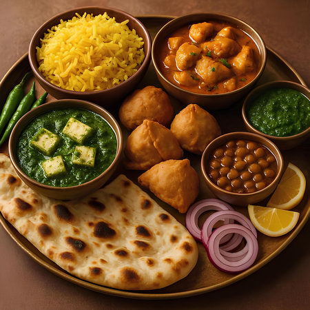 Variety of Indian snacks including chicken tikka masala, aloo tikka, aloo bonda, aloo bonda, aloo bonda, aloo bonda, aloo bonda, aloo bonda, aloo bonda, etc.の素材