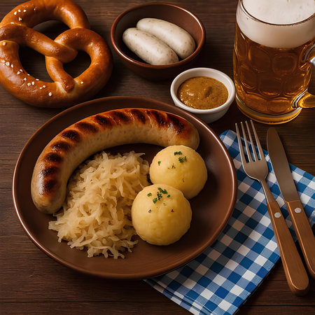 Traditional German sauerkraut with sausage and potatoes on wooden backgroundの素材