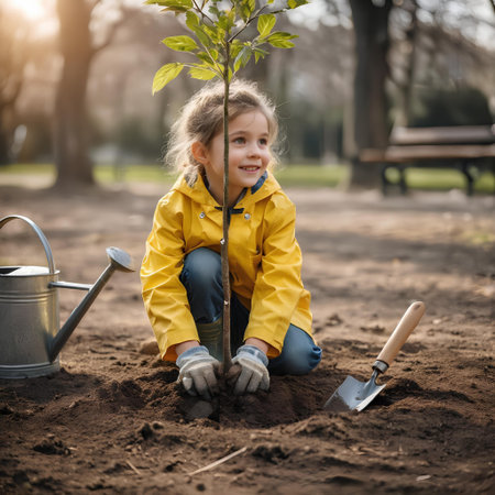 Little girl planting a tree in the garden. Gardening concept.の素材