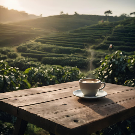 Coffee cup on wooden table with tea plantation background, Thailandの素材