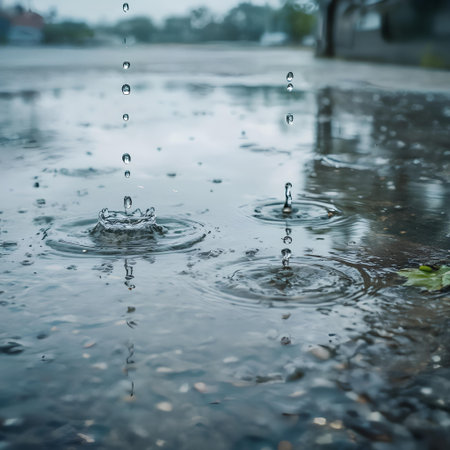 Raindrops fall into a puddle after a heavy rain. Shallow depth of field.の素材