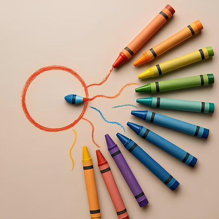 Colorful crayons on a beige background, 3d renderの素材