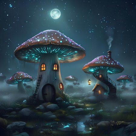 Fantasy fantasy landscape with magic house and mushrooms. 3d illustrationの素材