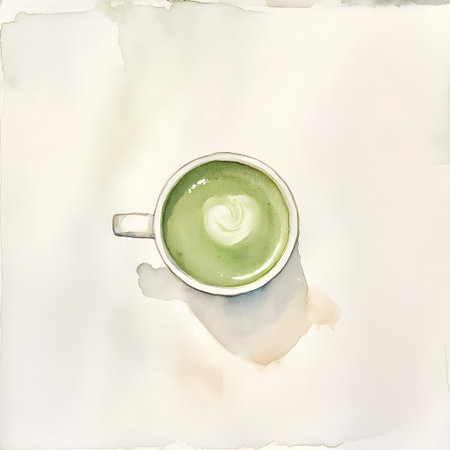 A cup of matcha latte art on watercolor background.の素材