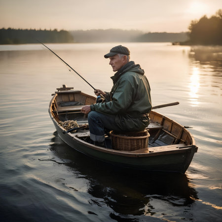 Fisherman in a boat with a fishing rod on the lakeの素材