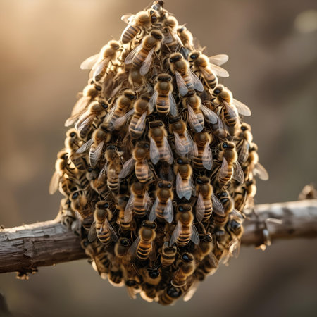 Close up of a swarm of bees on a tree branch in the sunの素材