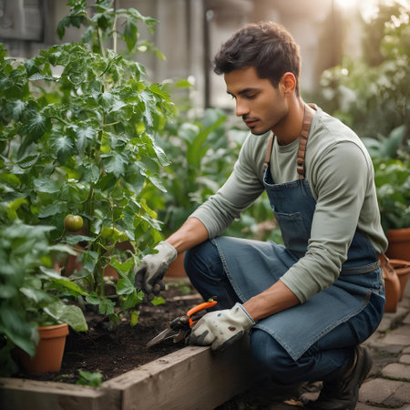 Handsome young man in apron working with gardening tools in greenhouseの素材