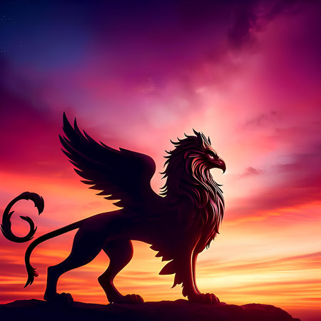 Lion silhouette against a sunset sky background. 3d illustration.の素材