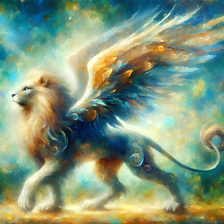 Lion with wings. Colorful painting on canvas. Digital illustration.の素材