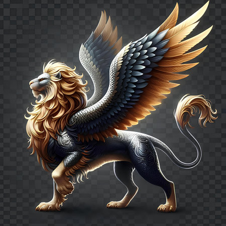 Lion in a coat of arms and wings on a transparent backgroundの素材