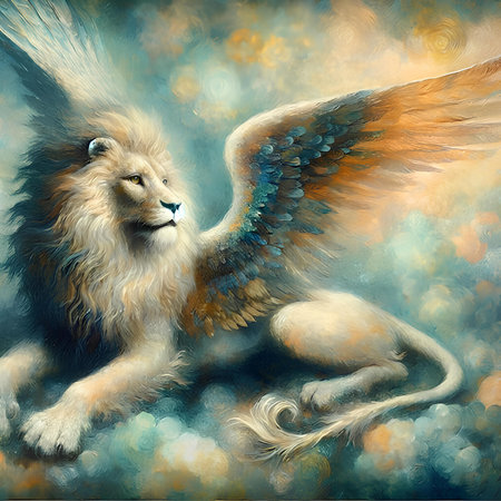 Lion with wings. Digital painting of a lion with wings.の素材