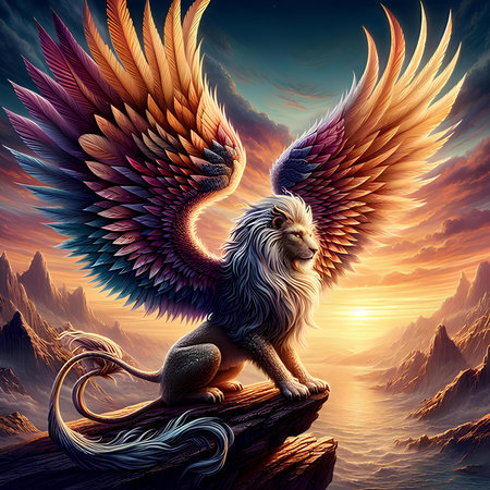 Lion with wings on a background of mountains. 3D renderingの素材