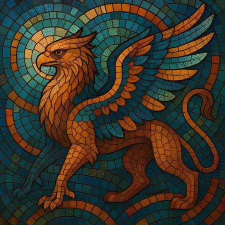 Vector illustration of a stained-glass window with a lion on a mosaic backgroundの素材