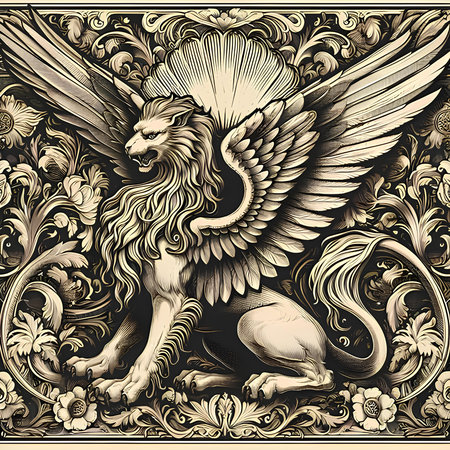 Lion with wings and crown in Victorian style. Vector illustration.の素材
