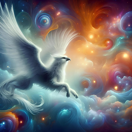 3d rendering of a white eagle flying in a colorful space.の素材