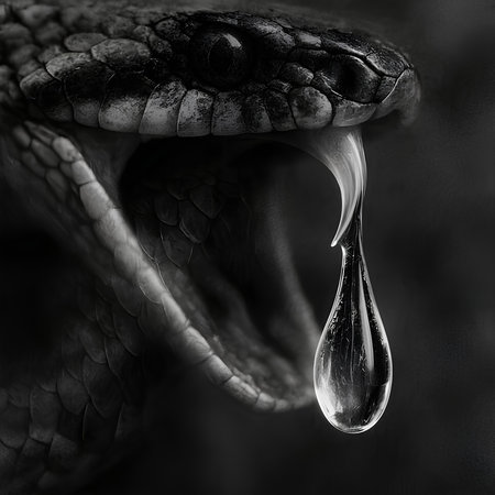 Black and white image of a snake's mouth with a drop of water.の素材