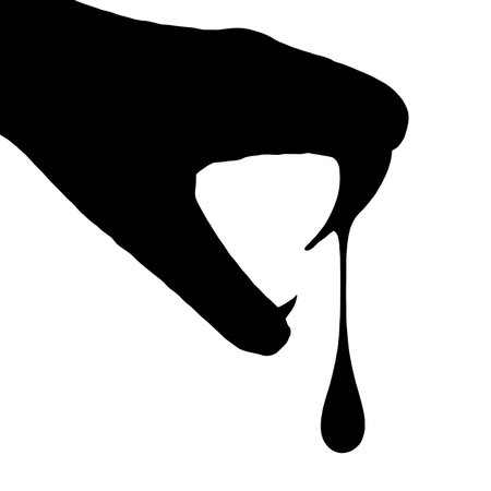 Vector silhouette of a hand with a drop of blood on a white background.の素材