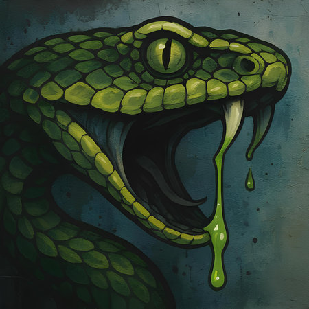 Illustration of a green snake with a mouth full of poison.の素材