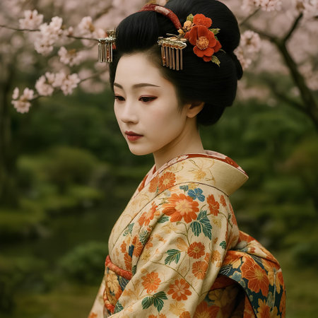 Beautiful japanese geisha in kimono with cherry blossomの素材