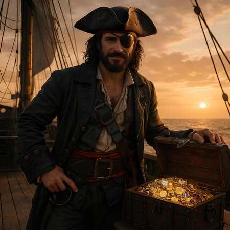 Pirate with treasure chest on the deck of a ship at sunsetの素材