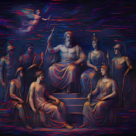 Digital painting of the ancient Greek gods and goddesses in the temple.の素材