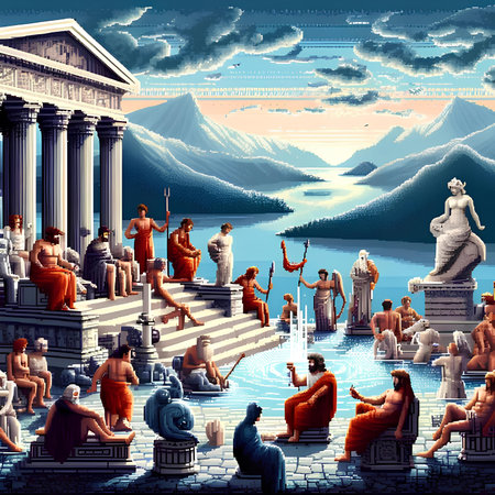 Ancient Greece ruins with statues and people. 3d render illustration.の素材