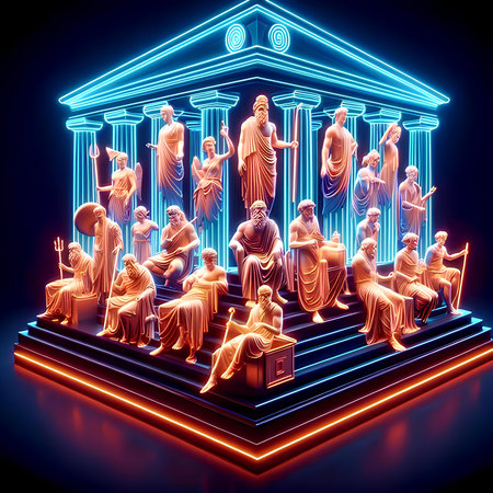 3d render of ancient Greek temple with statues on blue backgroundの素材