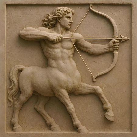 Sculpture of a man with a bow and arrow on a wallの素材