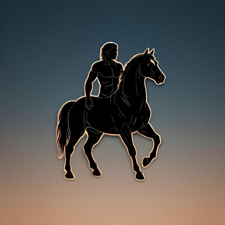 Horse rider with man silhouette on blue background. Vector illustration.の素材