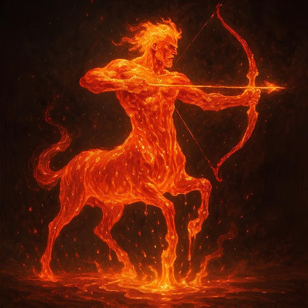 Zodiac sign Sagittarius with bow and arrow on fire background.の素材