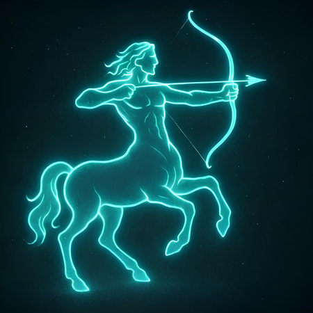 Neon archer with bow and arrow on dark background, 3d illustrationの素材